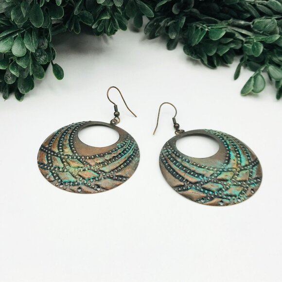 Antique Copper & Turquoise Patina Dangle Earrings With Ornate Circular Design - Picture 2 of 3